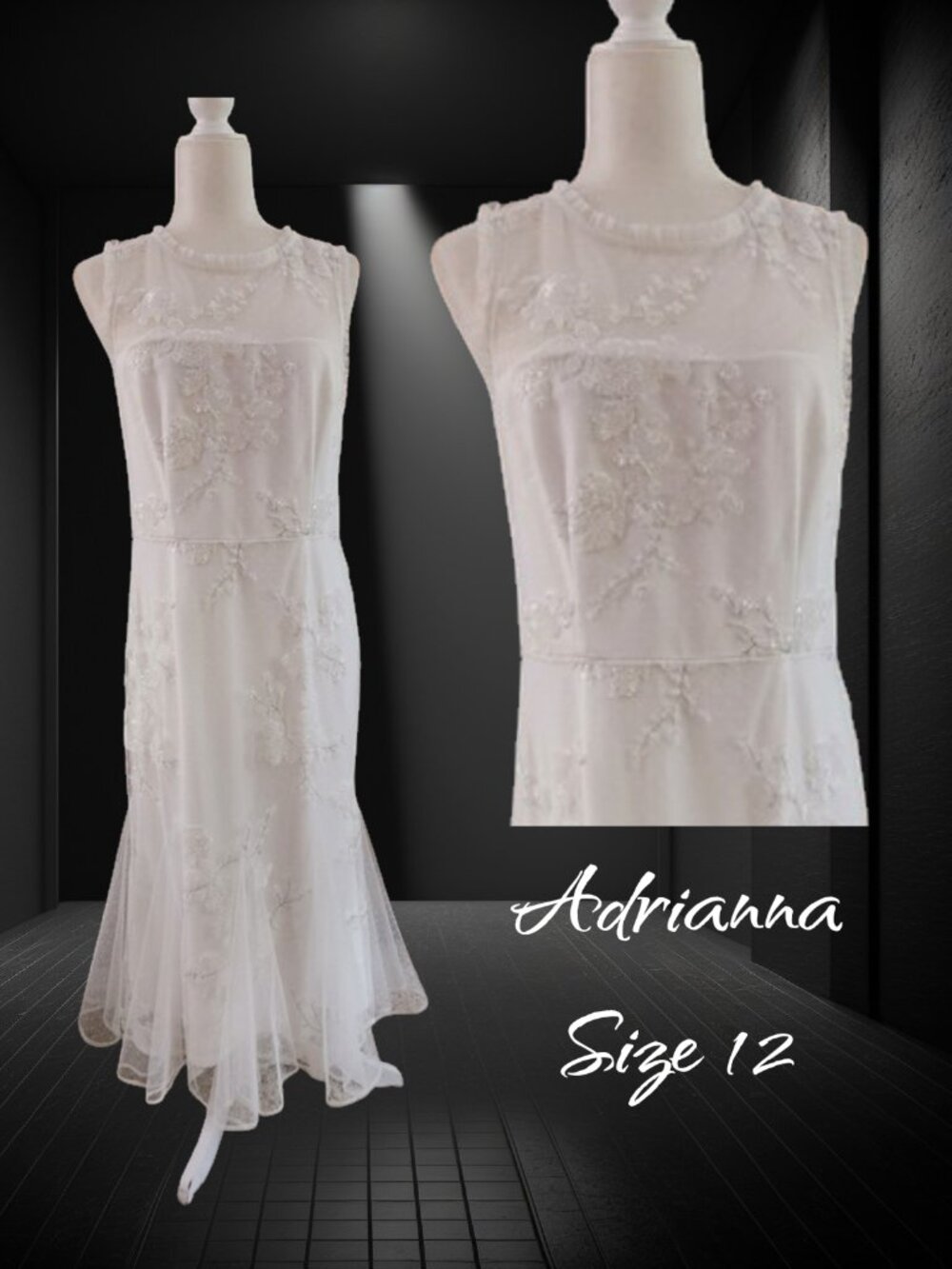 Adrianna Papell Ivory Beaded Floral Sheer Overlay Bridal Gown 12